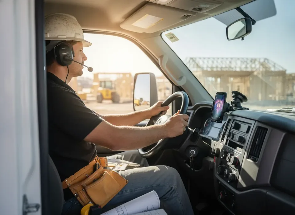 Illustration of a phone showing an incoming call being answered while a contractor is on a ladder