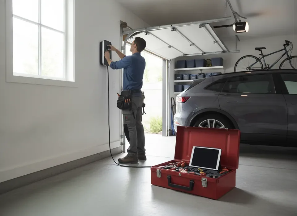 Illustration of an electrician reviewing a quote on a tablet beside an open breaker panel