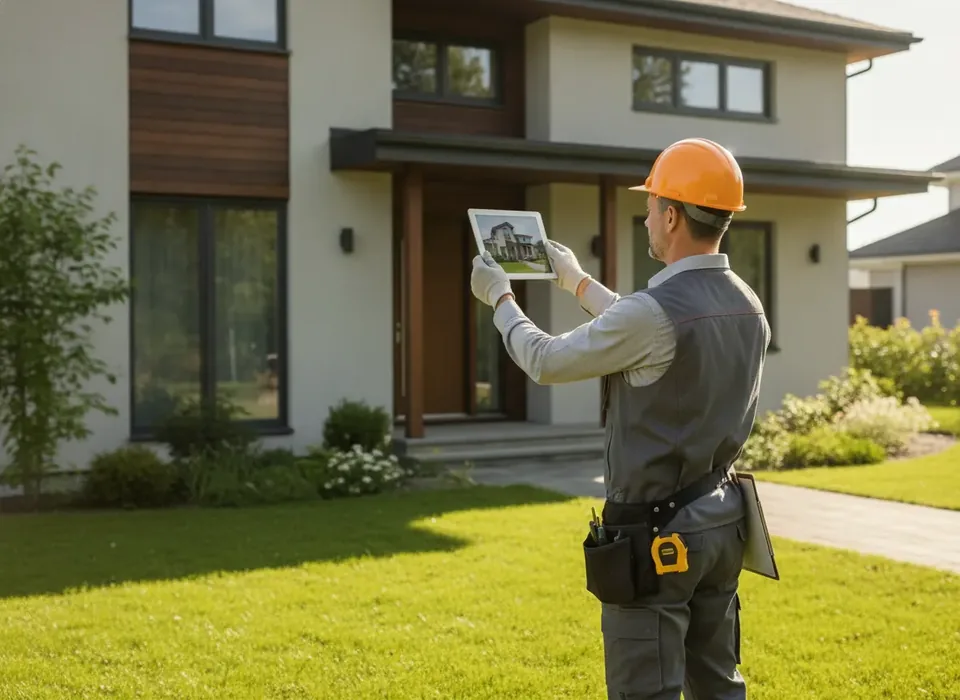Illustration of a contractor reviewing a drafted estimate on a phone at a job site