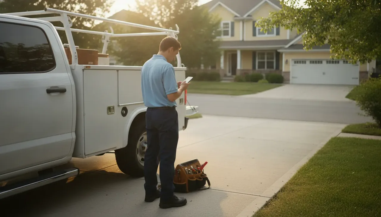 Contractor checking jobs on a phone beside a work truck