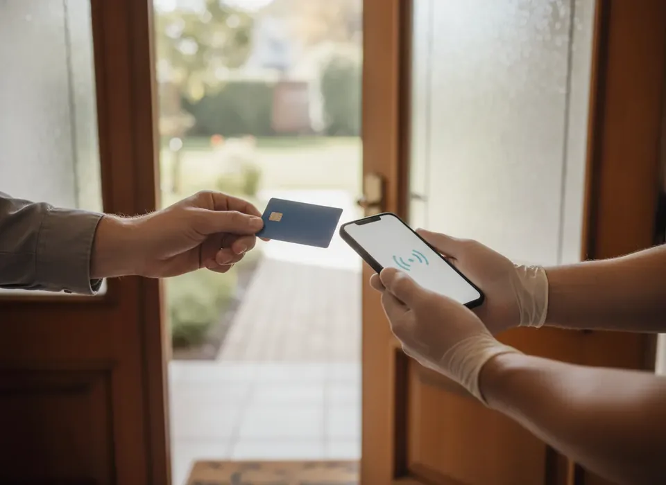 Contractor taking a card payment on a phone at a customer's door