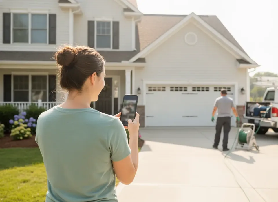 Homeowner leaving a five-star review on a phone at the front door